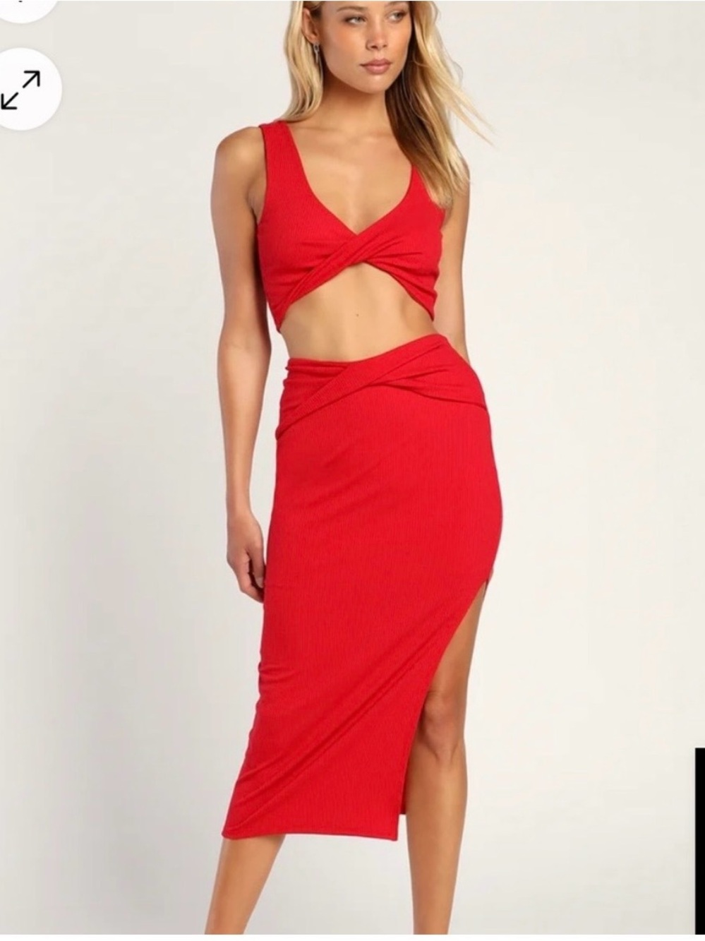Lulu's “Make My Move” Red Ribbed Twist-Front 2-piece Dress Set